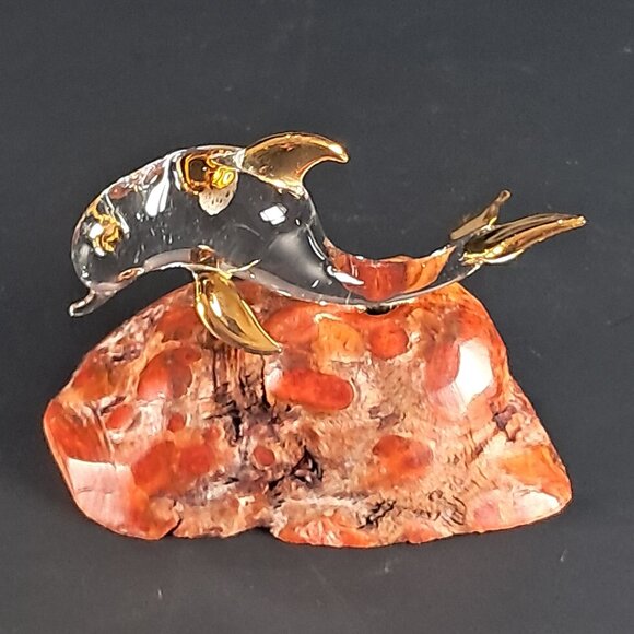 Glass Baron Clear Glass Dolphin Sculpture W 22 K Gold Accents On Burl Wood Base - Picture 1 of 10